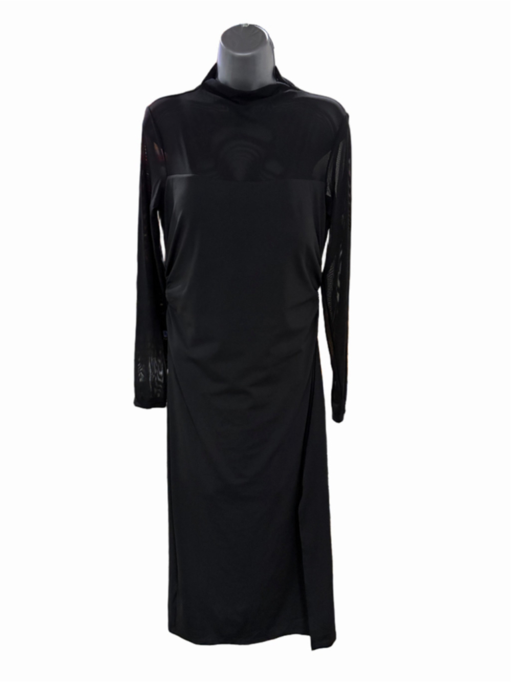 NWT Halara L SoftlyZero Airy Mesh Sleeve Midi Dress, Black Ruched Side Slit
